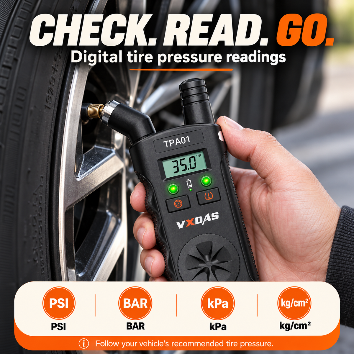 TPA01 pressure nozzle connected to a tire valve for a digital reading