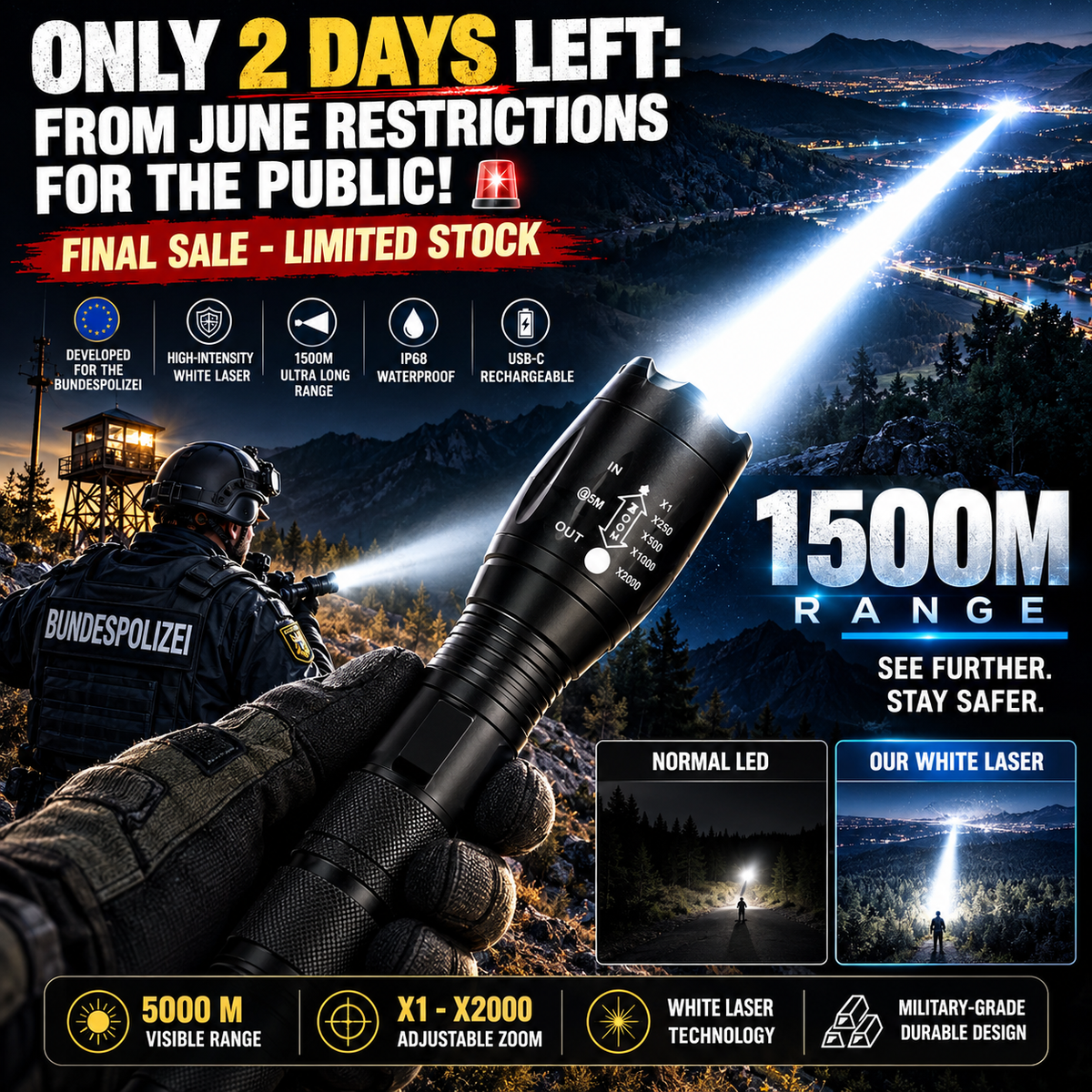 🔦 Rechargeable Tactical High-Lumens Flashlight - Adjustable Zoom & Beam 🔋