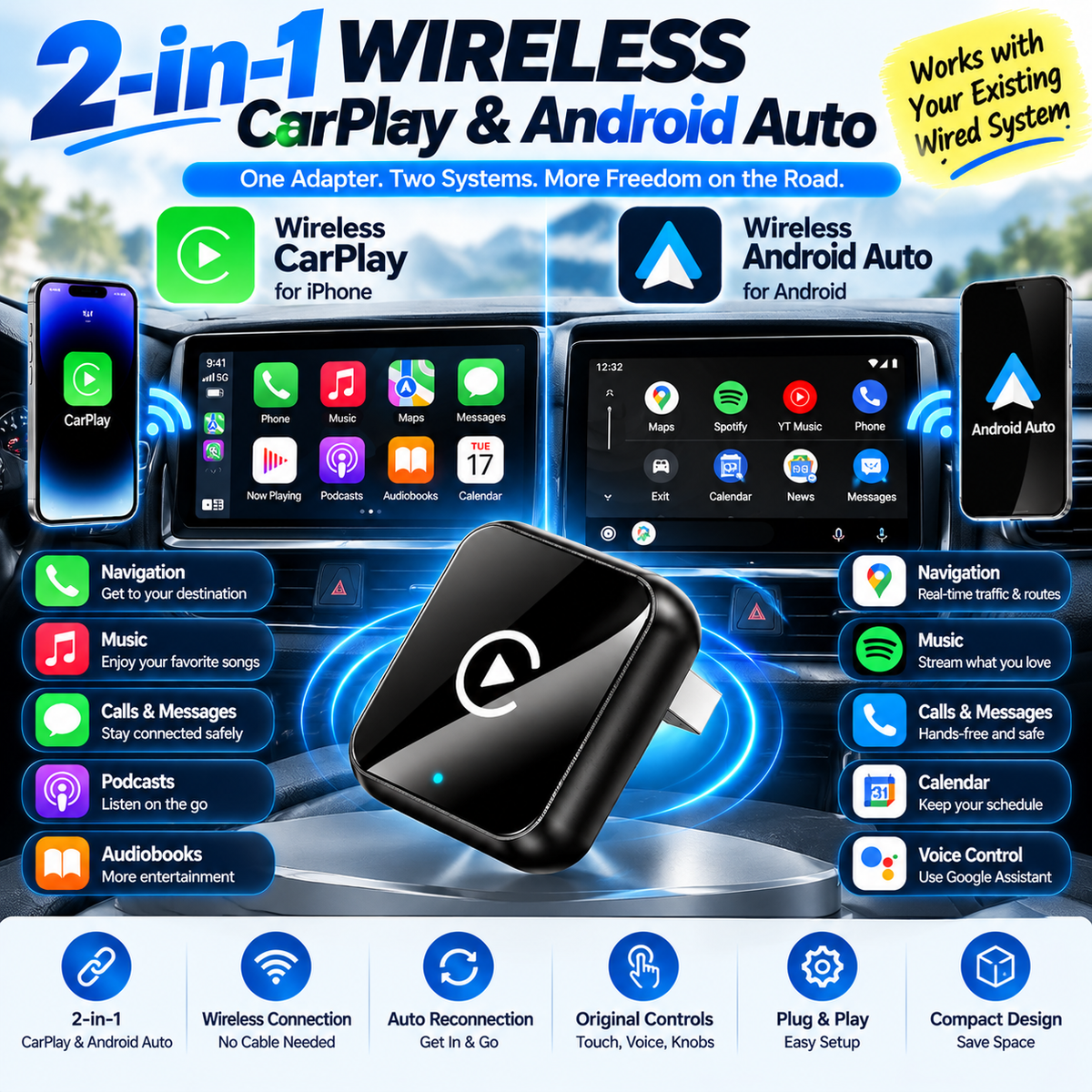 2-in-1 Wireless CarPlay & Android Auto Adapter – Plug & Play