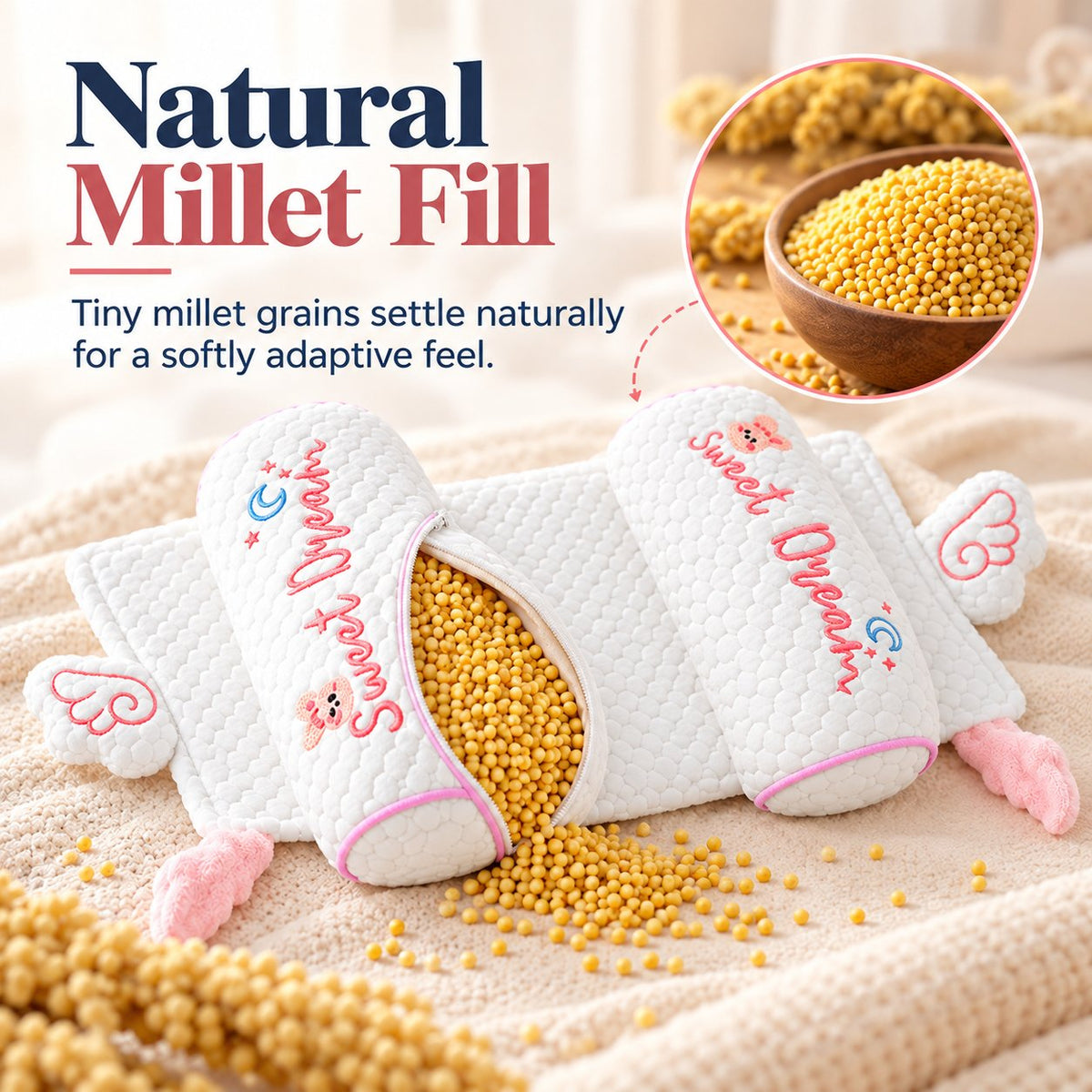 Millet Head-Shaping Pillow for Babies and Toddlers, for Correcting Head Asymmetries in Newborns, Model 06 – Pillow for Side Sleeping with a Removable Insert
