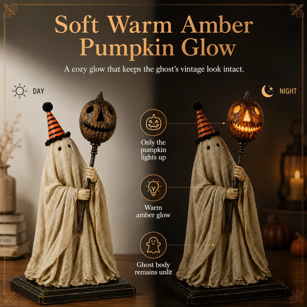 🏆Summerween Sale 48% OFF 👻🎃 Lighted Vintage Ghost Figurine with Glowing Pumpkin Staff