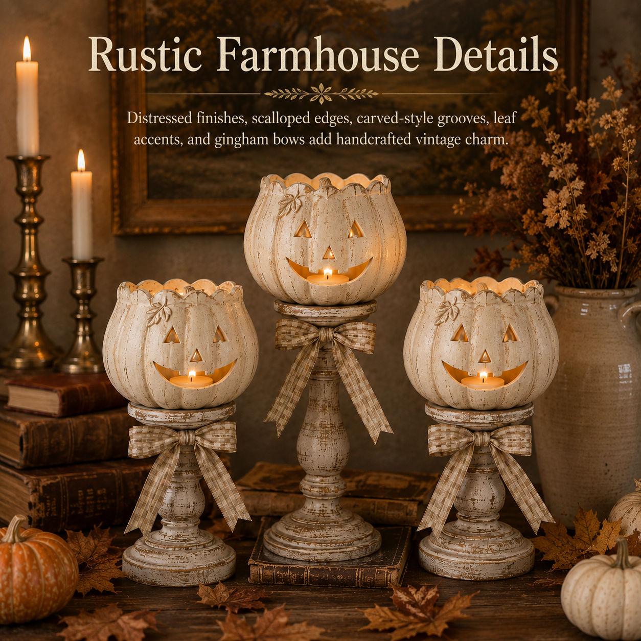 Harvest Glow White Pumpkin Pedestal Tealight Holders – Set of 3