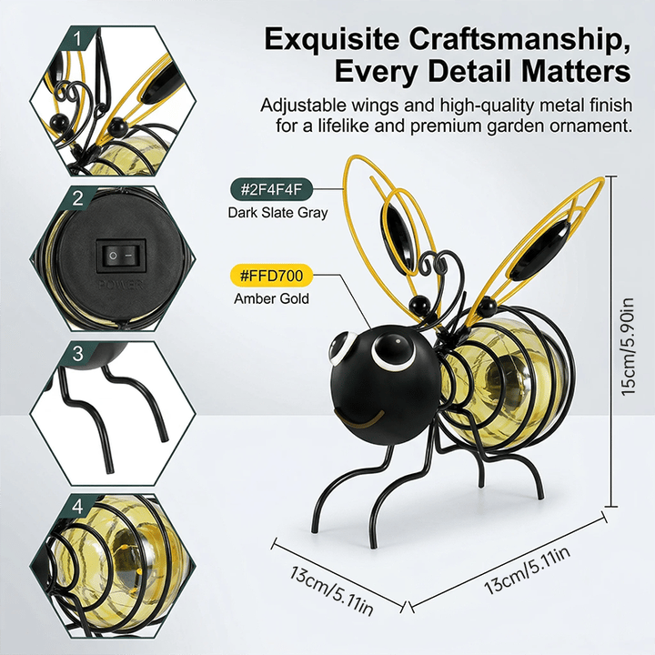 Outdoor Hanging Solar Bee Light, Glowing Metal Bee with Hook and Spring