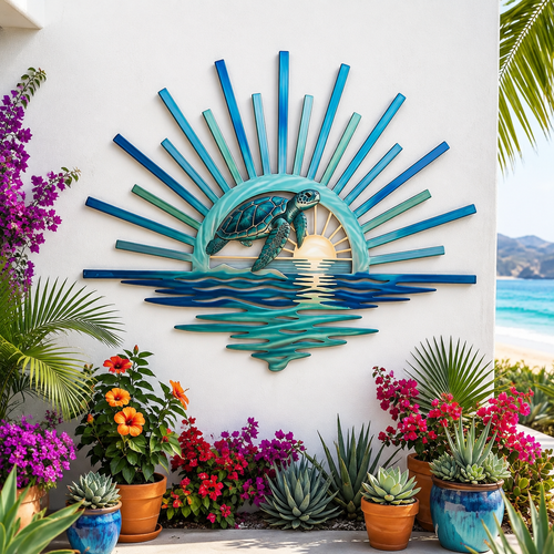 🐢 Sea Turtle Sunset Wall Decor | Coastal Metal Art