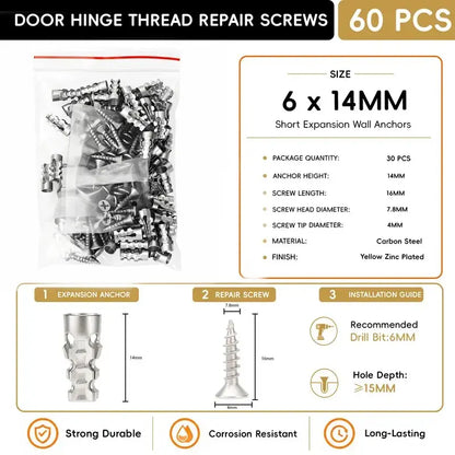 6x14mm Door Hinge Repair Screws & Wall Anchors Pack(60pcs)