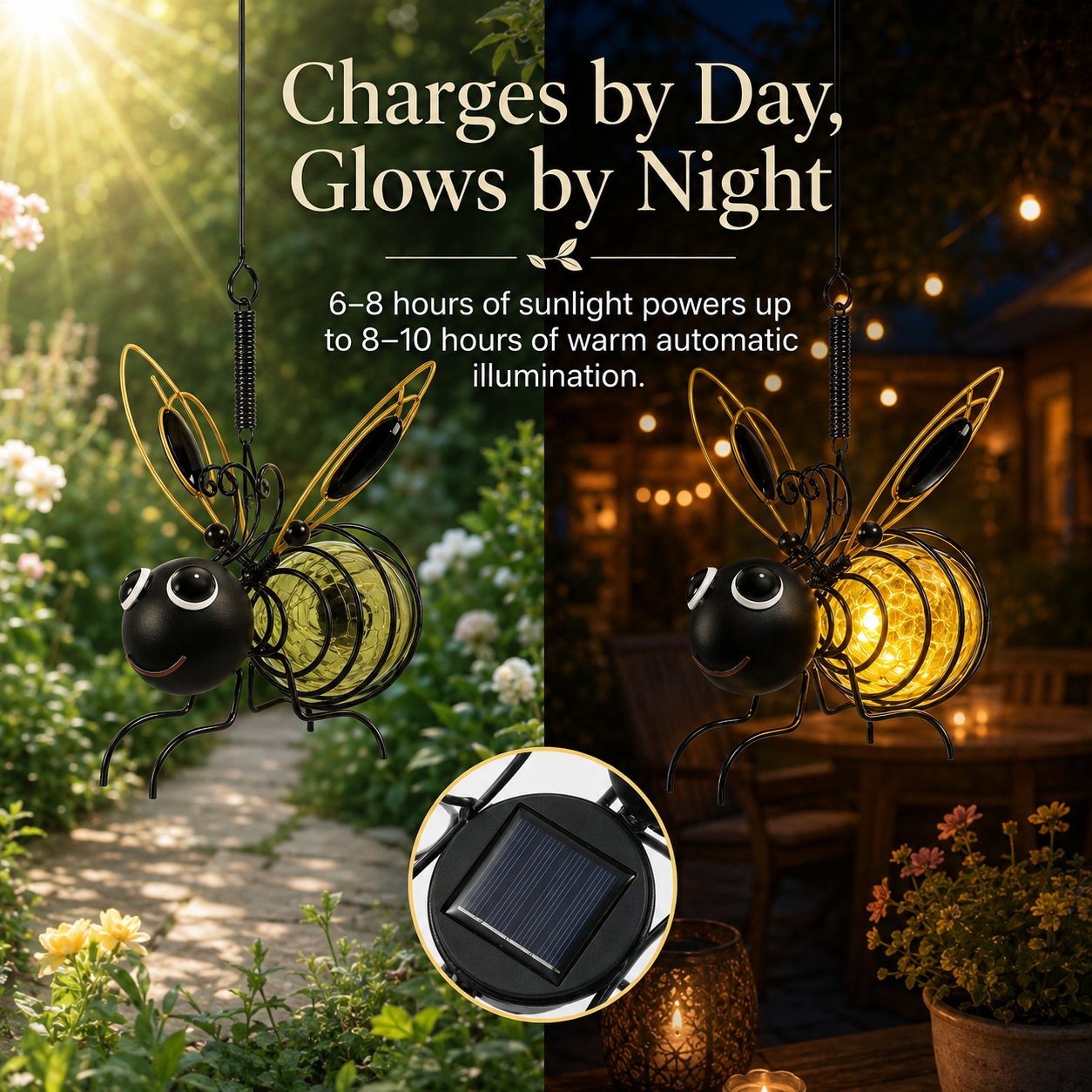 Outdoor Hanging Solar Bee Light, Glowing Metal Bee with Hook and Spring