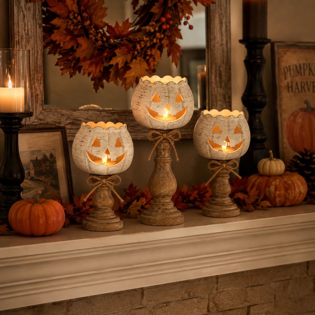 ✨Rustic White Pumpkin Tealight Candle Holder Set of 3