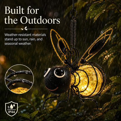 Outdoor Hanging Solar Bee Light, Glowing Metal Bee with Hook and Spring