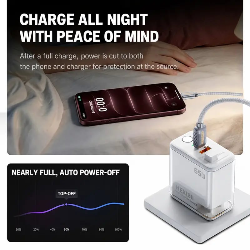 ⚡ HEXIBII 65W SiC Fast Wall Charger with Auto Power-Off – Dual USB-C & USB-A Charger Block for MacBook Pro, iPhone 18/17/16/15 & Galaxy