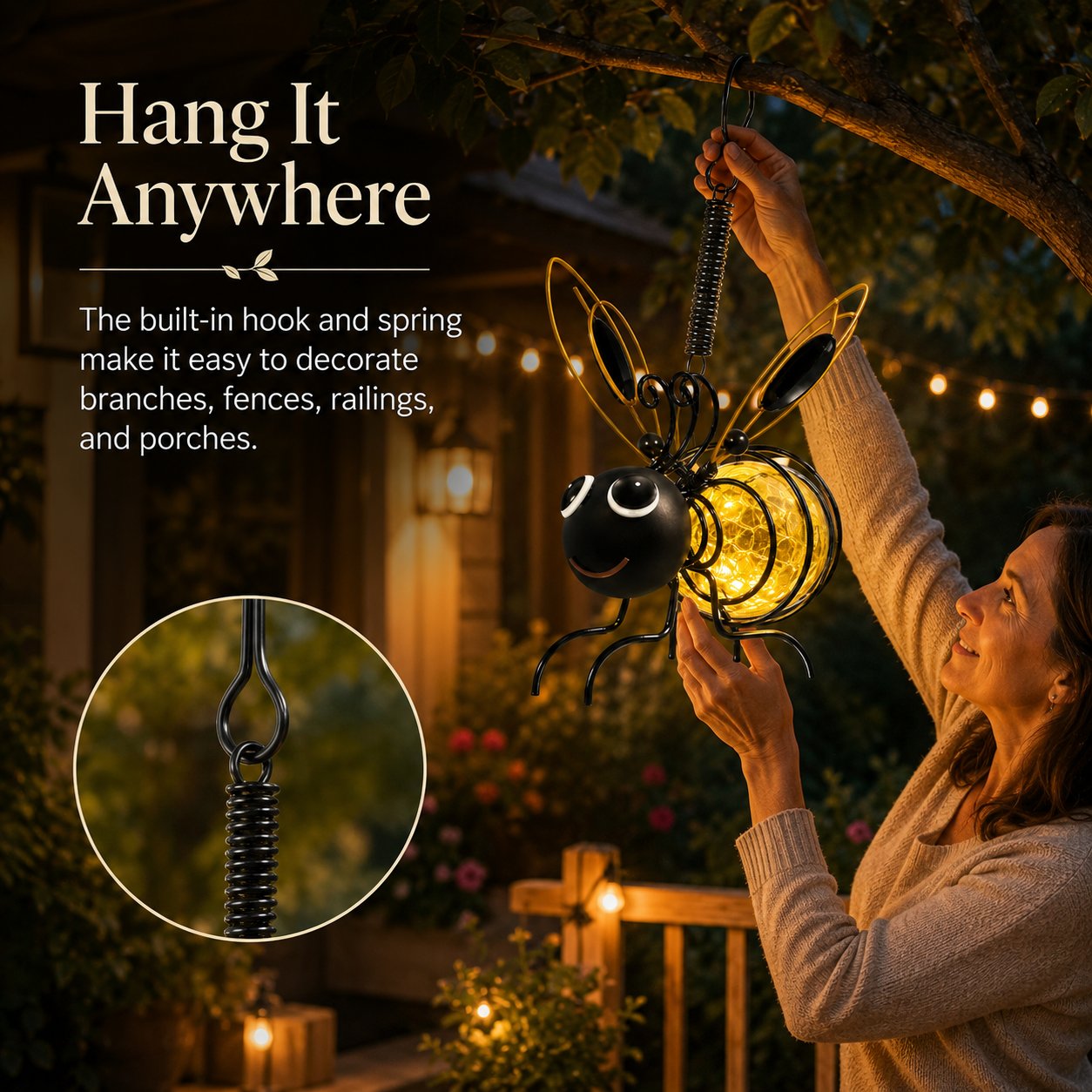Outdoor Hanging Solar Bee Light, Glowing Metal Bee with Hook and Spring
