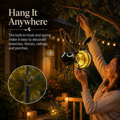 Outdoor Hanging Solar Bee Light, Glowing Metal Bee with Hook and Spring