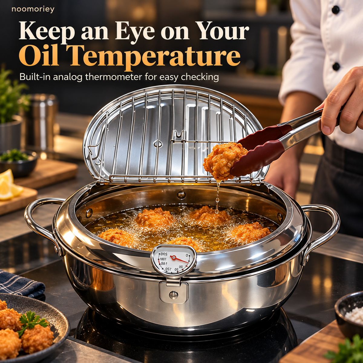 🍗 Deep Frying Pot with Thermometer & Lid Draining Rack – Dual-Handle Frying, Stir-Frying & Boiling Pot