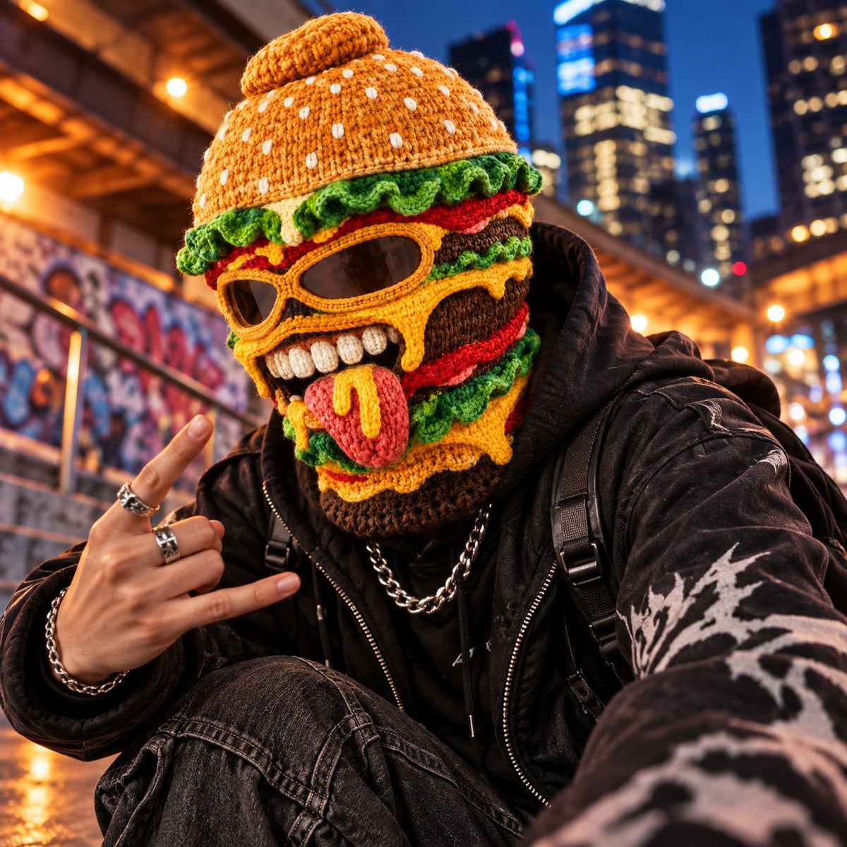 Novelty Food Print Knit Face Cover, Cozy Winter Headgear for Snow Sports & Costume Events