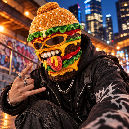 Novelty Food Print Knit Face Cover, Cozy Winter Headgear for Snow Sports & Costume Events
