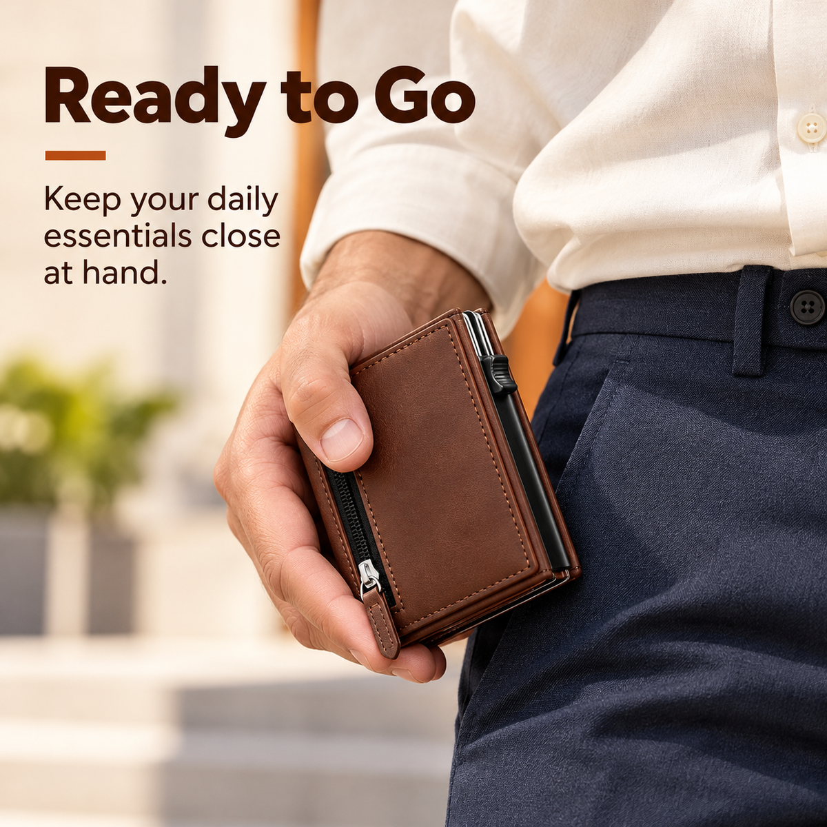 Brown compact wallet carried in hand alongside a smart casual outfit