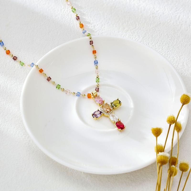 🌈 Rainbow Crystal Cross Pendant Necklace, Dopamine Colorful Beaded Gold Plated Clavicle Chain for Women