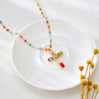 🌈 Rainbow Crystal Cross Pendant Necklace, Dopamine Colorful Beaded Gold Plated Clavicle Chain for Women