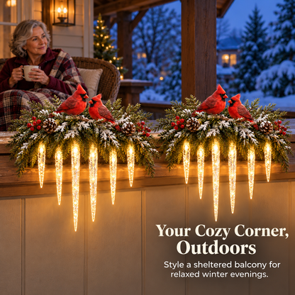 ✨Cardinal Winter Glow — Lighted Snowy Cedar & Icicle Christmas Decor