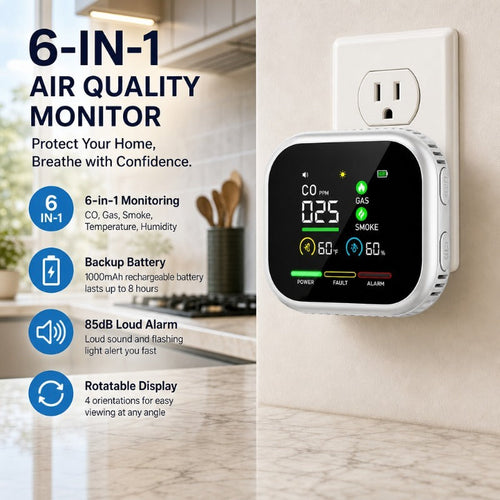 Plug-In Air Monitor – Color Display, Rotating Adapter & Rechargeable Backup