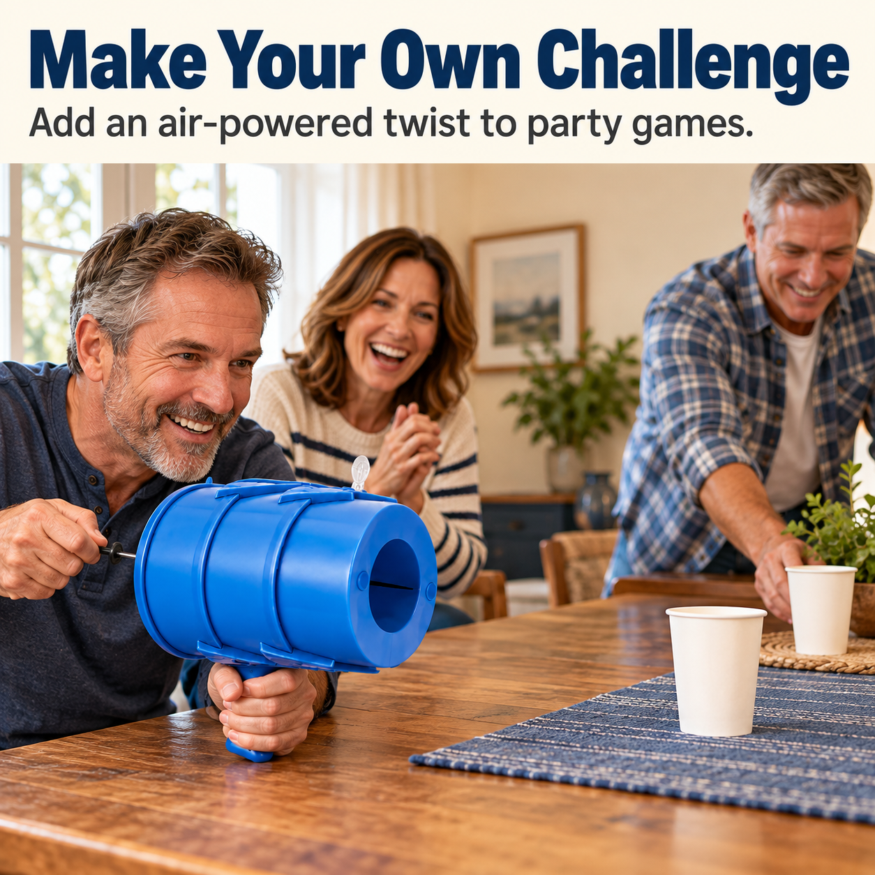 Adults preparing a friendly paper cup game with a blue air toy