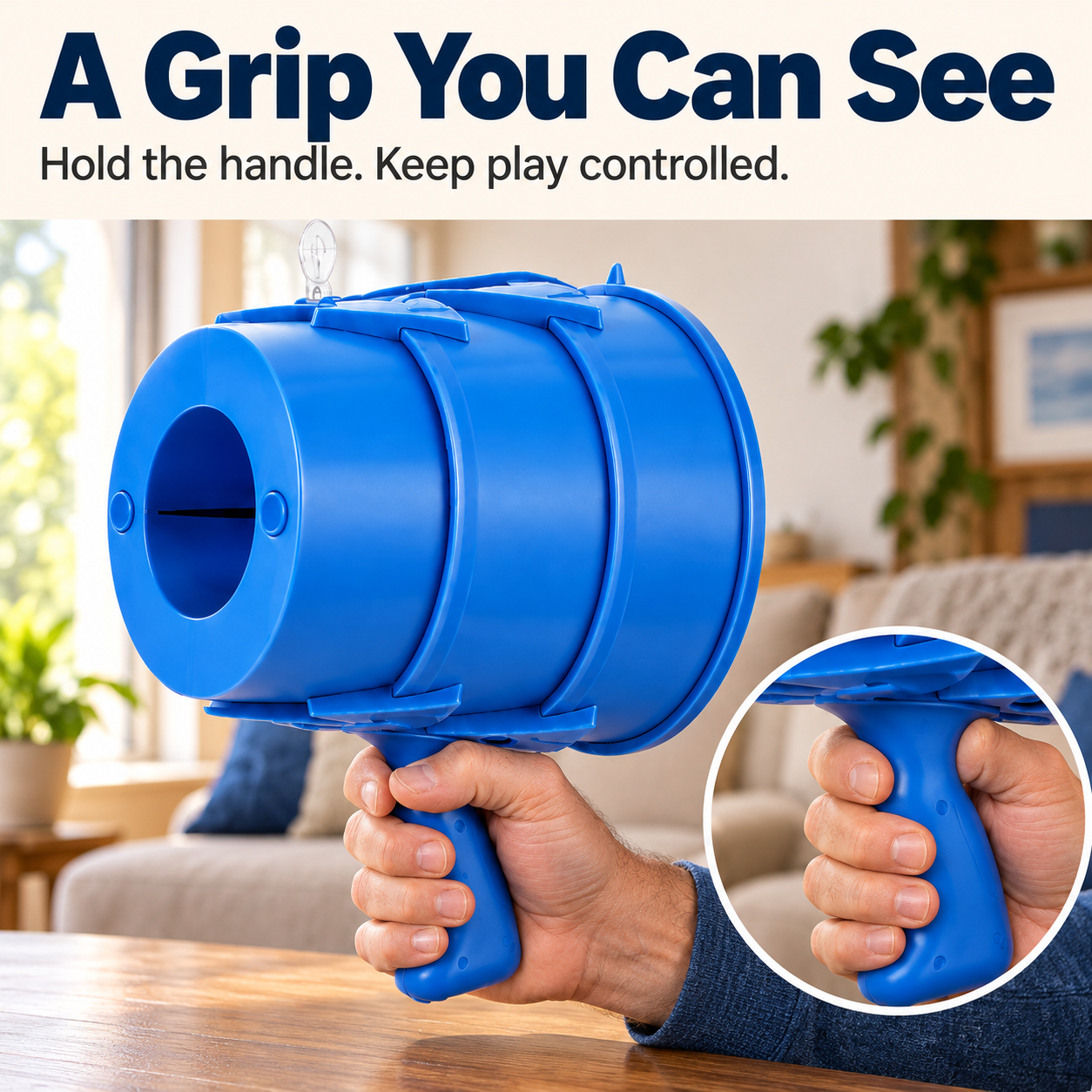 Closeup of the blue toy bottom grip held in an adult hand