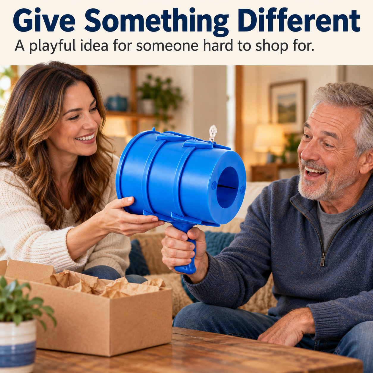 Two adults sharing an air vortex toy as a playful gift idea