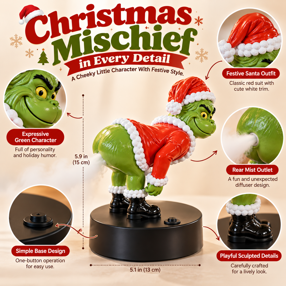 😂 Funny Christmas Green Character Mist Diffuser – Hilarious Butt Mist Effect, Festive Holiday Decor & Gag Gift 🎁