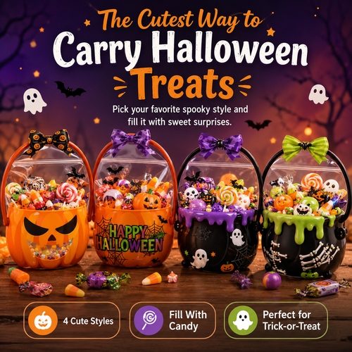 🎃 Halloween Trick-or-Treat Candy Bag – Cute Pumpkin & Witch Cauldron Treat Gift Tote