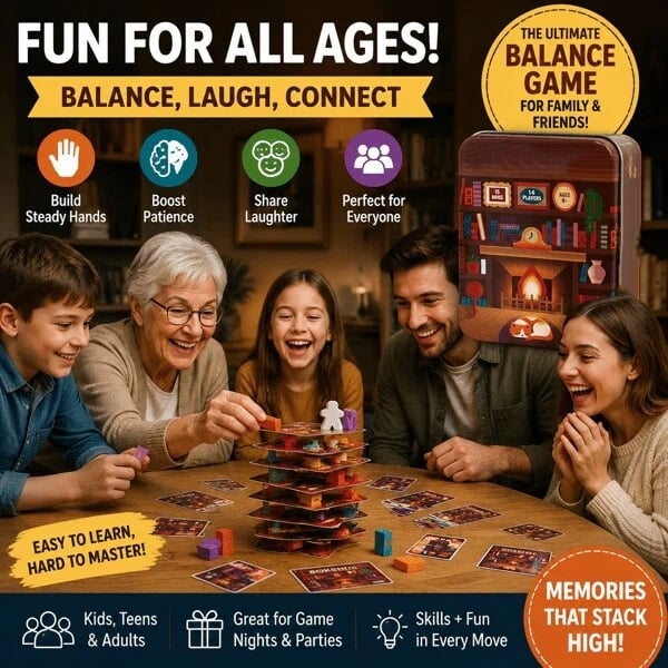 📚🎲Cooperative Stacking Game | Skill & Balance Card and Book Tower Game in Travel Tin