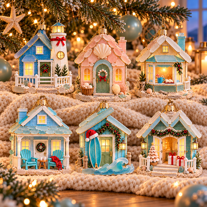 🌊 2026 Coastal Christmas Cottage Ornaments – Set of 6 Beach House Holiday Keepsakes