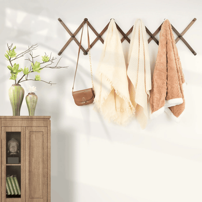 Accordion Peg Rack | 16 Hooks Expandable Wall Rack for Hats, Coat, Tools | Multi-Purpose Wooden Organizer Holds/Hangers Caps, Bag & Hoodies | Space Saving Room/Garage/Entryway Storage Solution (Brown)