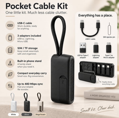 🔌 Pocket Travel Cable Kit – USB-C Cable, 3 Adapters, SIM/TF Storage & Phone Stand
