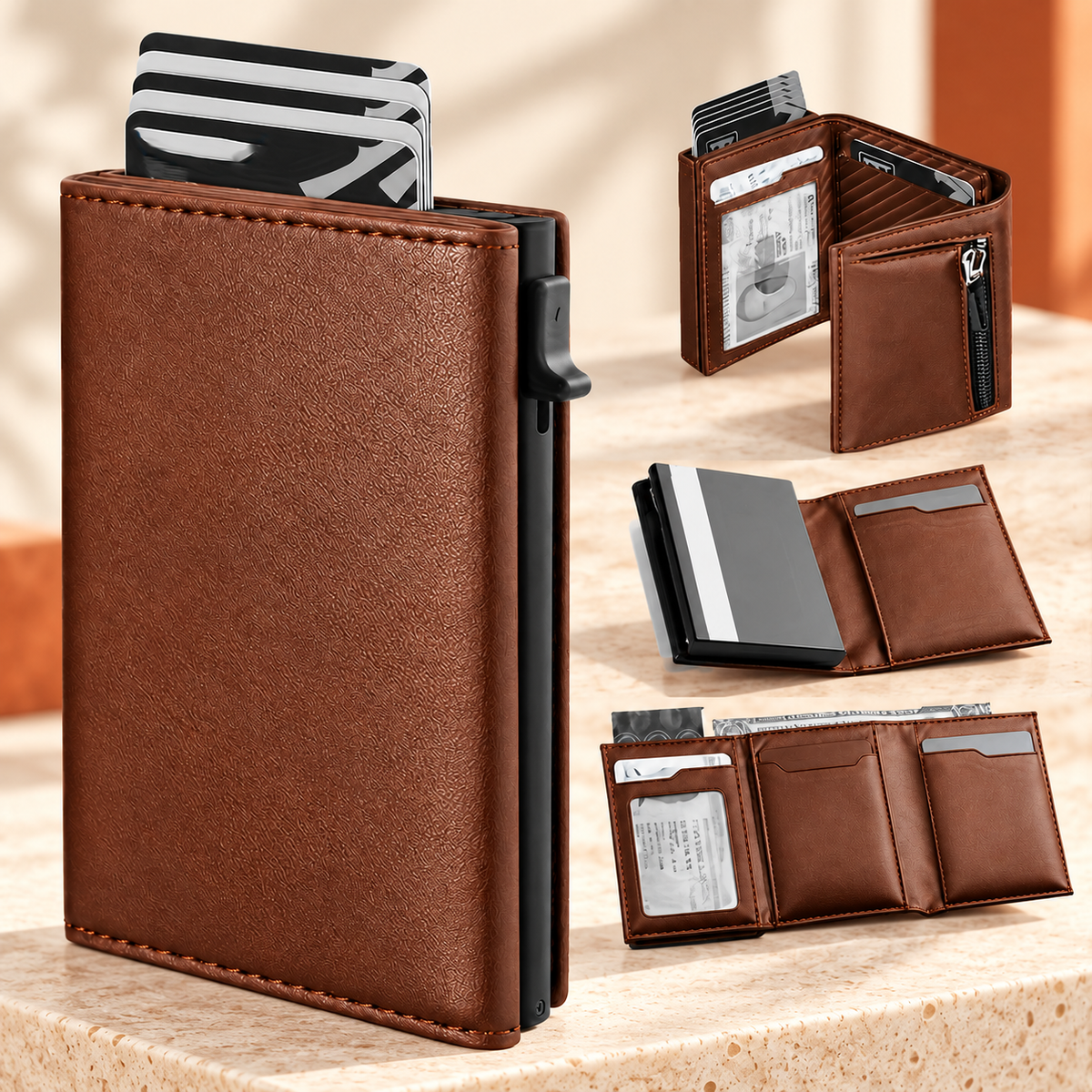 Compact brown wallet with pop-up card holder, interior card slots and zippered pocket