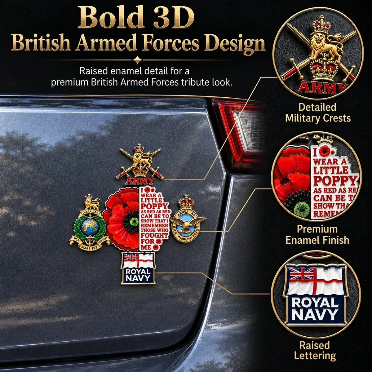 🌺👑 British Armed Forces “Lest We Forget” Remembrance Poppy Tribute Metal Car Emblem | 7–8-Inch 3D Metal Design with Raised Military-Inspired Details & Heavy-Duty Adhesive Backing 🇬🇧