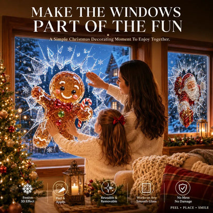 🎄Crystal Christmas Break-In Window Decal | 3D Shattered Glass Illusion with Sparkling Holiday Characters for Magical Window Decorations ✨🎅