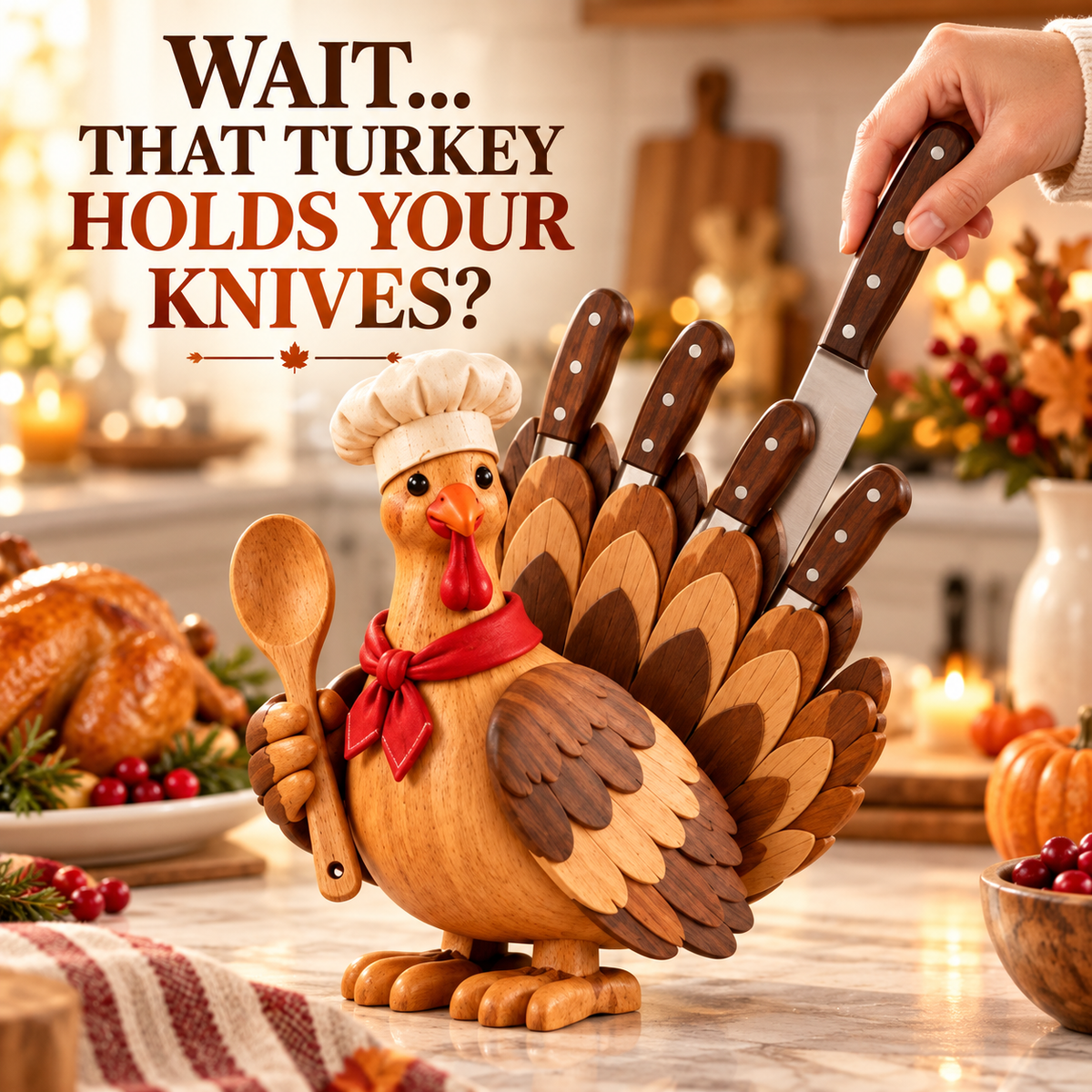 🦃 Wooden Turkey Knife Holder – Thanksgiving Kitchen Counter Decor