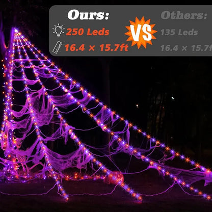 🔥Light-Up Halloween Spider Web Decor with Timer – Waterproof Purple & Orange LED Spooky Lights for Lawn & Outdoor Party