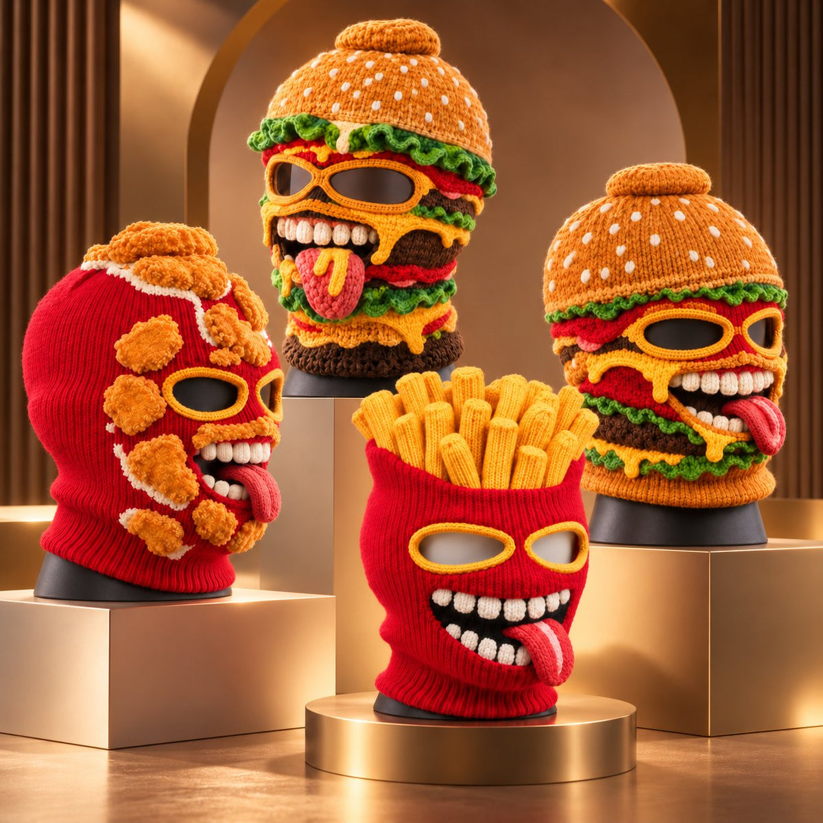 Novelty Food Print Knit Face Cover, Cozy Winter Headgear for Snow Sports & Costume Events