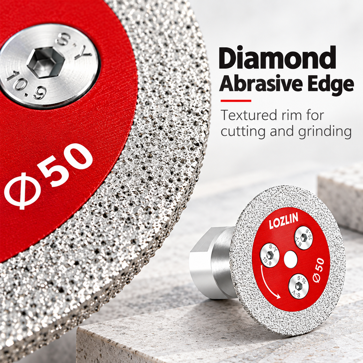 Close-up of the textured diamond abrasive edge on the 50mm disc
