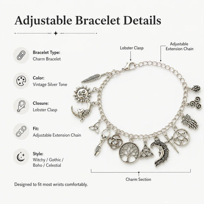 🔥Last Day 49% OFF - 🧙🖤Vintage Witchy Charm Bracelet - 100% 925 Sliver