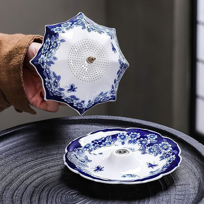 Umbrella Shape Ceramic Tea Strainer - Chinese Blue & White Porcelain Loose Leaf Filter with Rotating Design, Multi-Purpose Tea Infuser for Kung Fu/Coffee