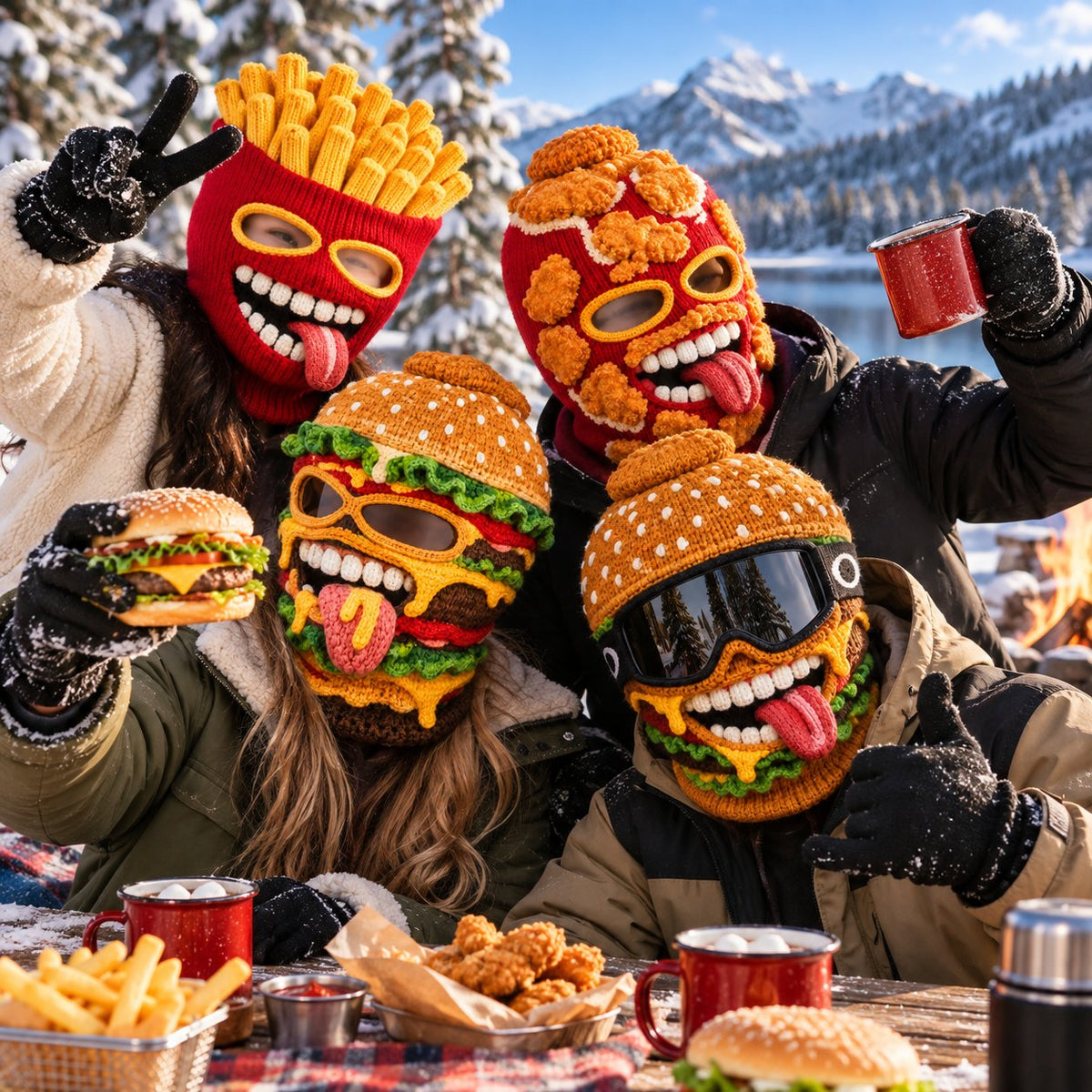 Novelty Food Print Knit Face Cover, Cozy Winter Headgear for Snow Sports & Costume Events