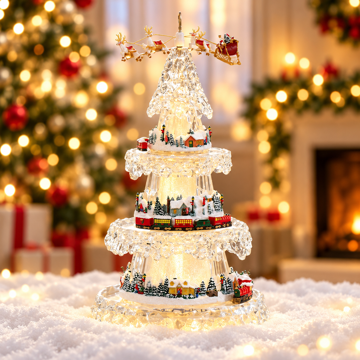 🎄 Musical Christmas Tree with Animated Train – Light-Up Acrylic Holiday Village Tabletop Decoration