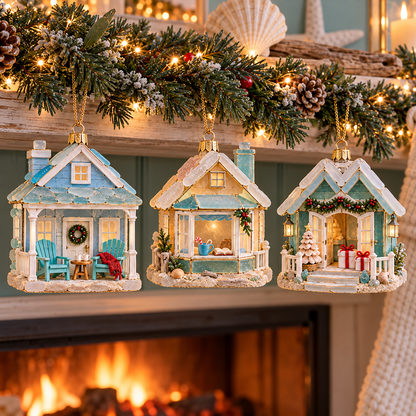 🌊 2026 Coastal Christmas Cottage Ornaments – Set of 6 Beach House Holiday Keepsakes