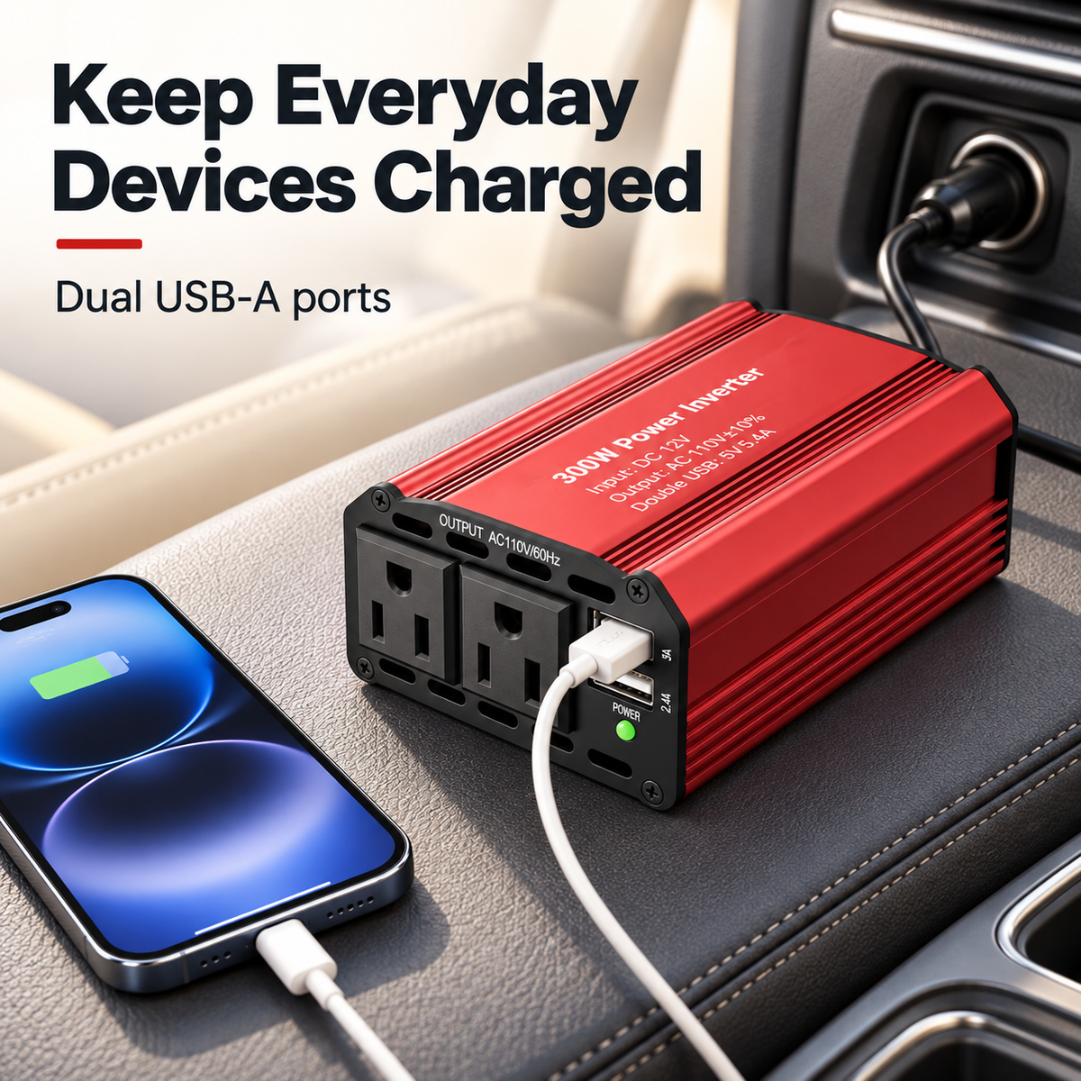 ⚡300W Car Power Inverter | DC 12V to 110V AC Converter | 2 AC Outlets & 2 USB‑A Ports, Aluminum Housing with Cooling Fan for Road Trip & Camping