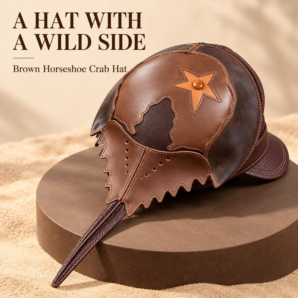 Brown horseshoe crab statement hat — hero