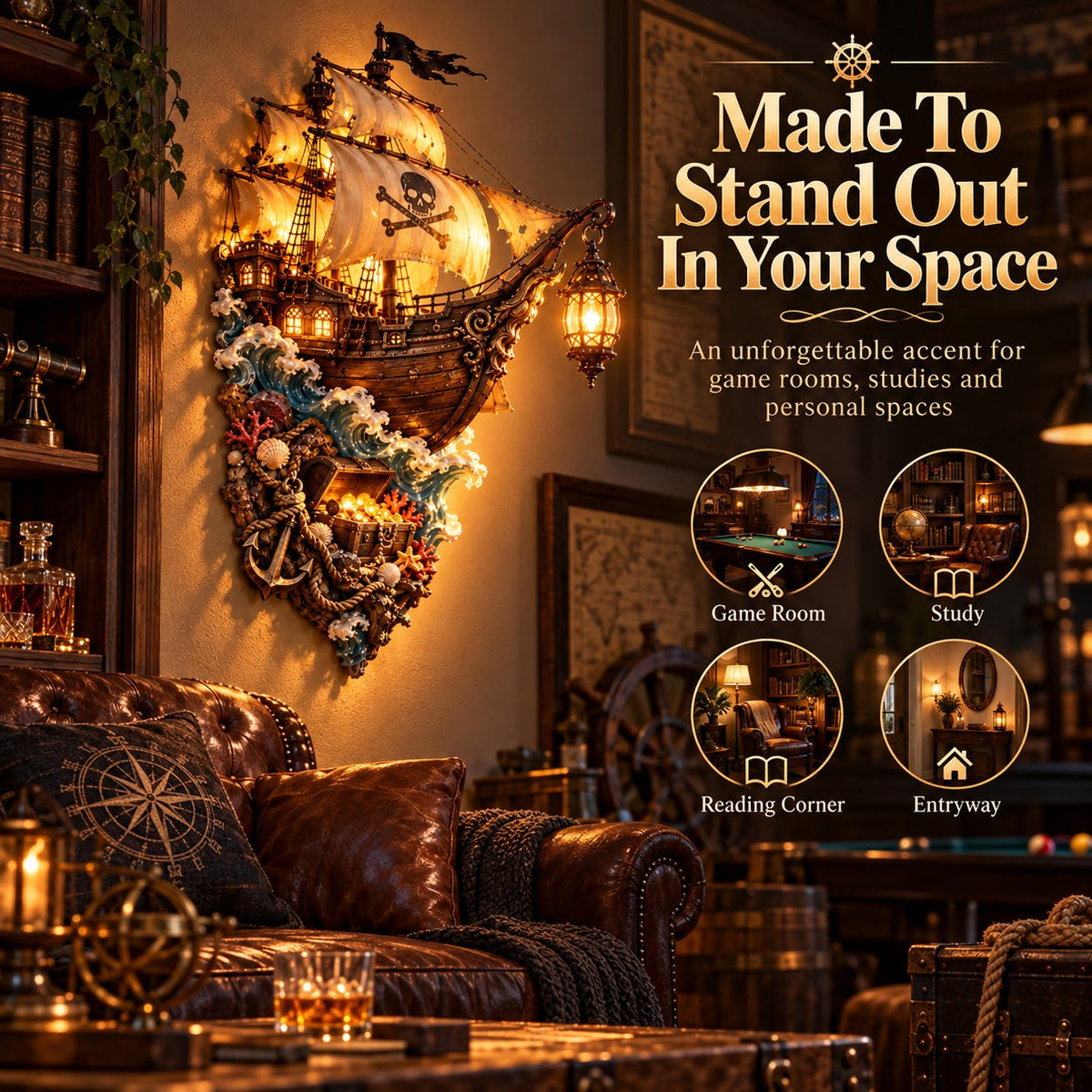 🔥Buy 2 Get 20% OFF🔥🏴‍☠️⛵🔥 Illuminated Pirate Ship Wall Lantern | Glowing Ghost Ship & Treasure Chest Sculpture, Nautical Fantasy Coastal Wall Décor