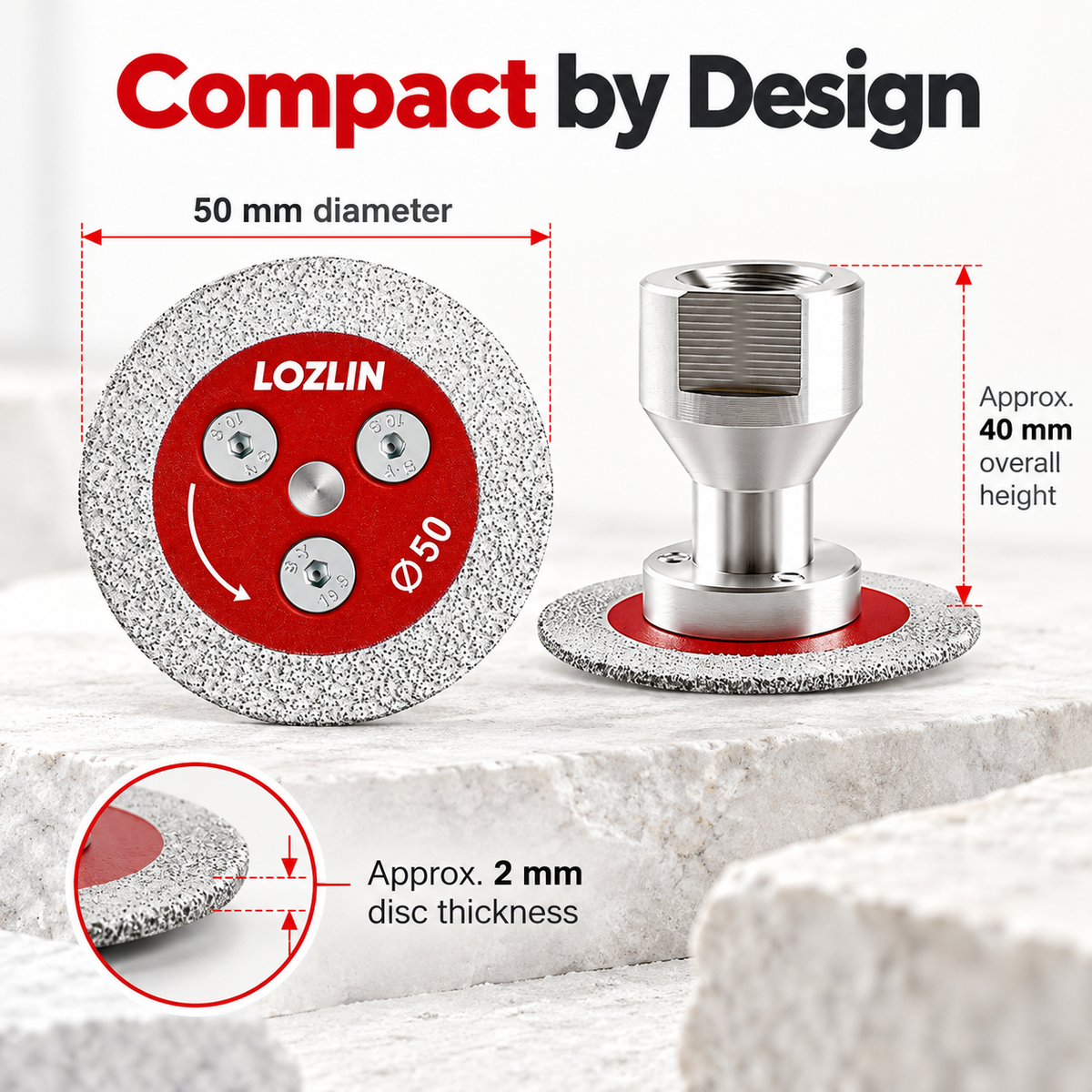 Product dimensions showing 50mm disc diameter, approximately 2mm thickness and 40mm overall height