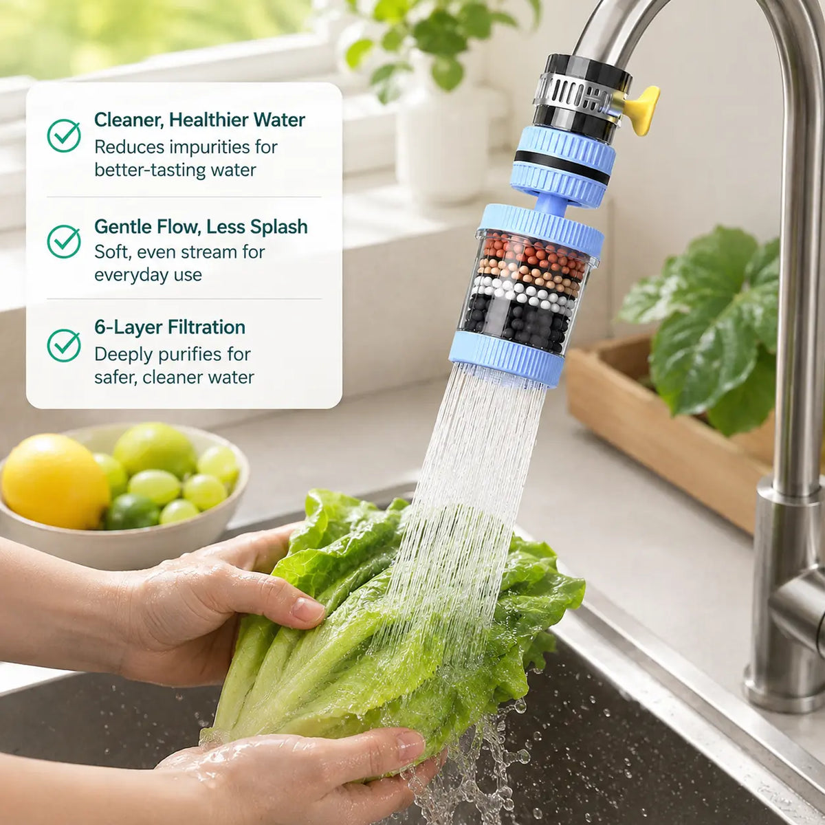 6-Layer Faucet Water Filter 360° Rotating Splash-Free