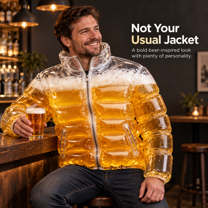 Men’s Fun Beer-Themed Inflatable Down Jacket – Costume for Parties and Carnivals, Transparent Version